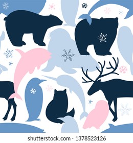 Seamless pattern with Polar Bear Walrus Penguin Narwal Seal Reindeer Whale Arctic Fox Owl silhouette. Arctic Wildlife camouflage style background. Polar animals print. Antarctic Creatures in flat