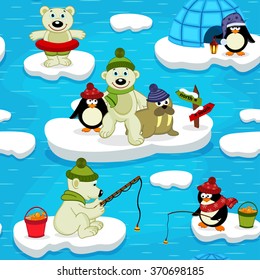 seamless pattern with polar bear walrus penguin - vector illustration, eps
