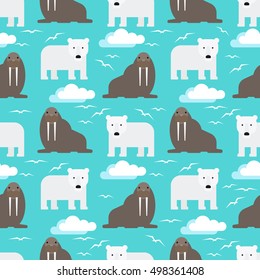 Seamless Pattern With Polar Bear and Walrus Flat Design. Vector illustration