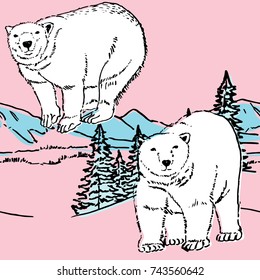 Seamless pattern with polar bear and winter landscape background. Vector hand drawn style.