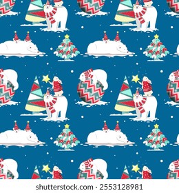 Seamless pattern with polar bears, bunny and Christmas trees in cartoon style. Blue background. Perfect for decor textiles, fabric print, Christmas cards, wallpaper and wrapping paper design.