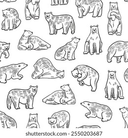 Seamless pattern with polar bears. Hand drawn vector line illustration.