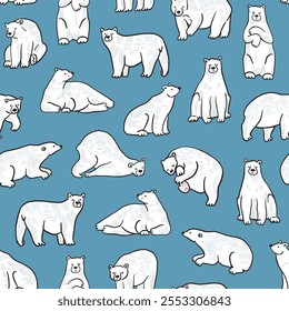 Seamless pattern with polar bears. Hand drawn vector illustration.