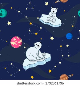 Seamless pattern, polar bears on an ice floe in space. Hand drawn illustration great for wallpaper, textile and texture design. Kids design, fabric, wrapping, apparel.