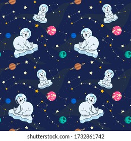 Seamless pattern, polar bears on an ice floe in space. Hand drawn illustration great for wallpaper, textile and texture design. Kids design, fabric, wrapping, apparel.