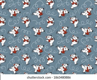 seamless pattern with polar bears on skates 
on gray background, children`s, new year, vector