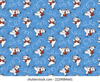 seamless pattern with polar bears on skates 
on blue background, children`s, new year, vector