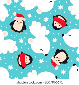 seamless pattern with polar bears and penguins on a blue background. Winter New Year background