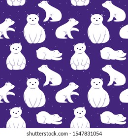 seamless pattern with polar bears and snow. animals on a purple background. vector illustration. cute adult animals and cubs.