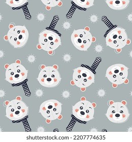 Seamless pattern, polar bears and snowflakes. Vector illustration