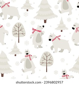 Patrón sin foco con los osos polares, copos de nieve y árboles. El invierno repite textura con personajes de dibujos animados. Niños de fondo con animales para tela y papel de envoltura.Ilustración vectorial.