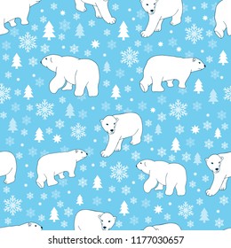 Seamless pattern with polar bears, spruce, starû and snowflakes on the blue background. Vector illustration. Endless texture for your design, fabrics, wallpapers, greeting cards, wrappings.