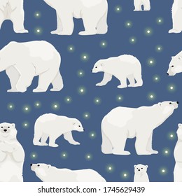 Seamless pattern with polar polar bears and stars on a dark blue background. Vector