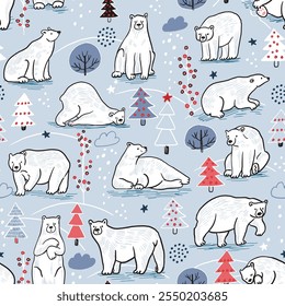 Seamless pattern with polar bears and trees. Vector illustration.