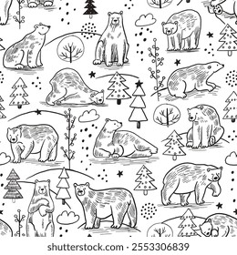 Seamless pattern with polar bears and trees. Vector line illustration.