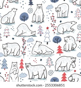 Seamless pattern with polar bears and trees. Vector illustration.