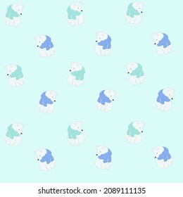 Seamless pattern of polar bears in turquoise and blue scarves on a light blue background. New year. Winter. North pole