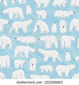 Seamless pattern with polar bears. Wild realistic animals of the North. Vector print