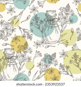 Seamless pattern with polianthes tuberosa: plant, leaves polianthes tuberosa flowers and bottle of tuberosa essential oil. Cosmetic, perfumery and medical plant