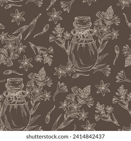 Seamless pattern with polianthes tuberosa: plant, leaves polianthes tuberosa flowers and bottle of tuberosa essential oil. Cosmetic, perfumery and medical plant