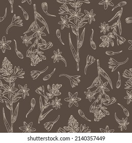 Nahtloses Muster mit Poliantholz-Tuberosa: Tuberose-Pflanze, Blätter und Polianthes-Tuberosa-Blumen. Kosmetik, Parfüm und medizinische Anlagen. handgezeichnete Vektorgrafik