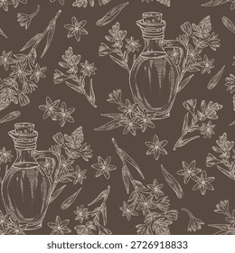 Padrão sem costura com polianthes tuberosa: planta tuberosa, folhas, flores de polianthes tuberosa e garrafa de óleo tuberosa. Ilustração desenhada à mão vetorial