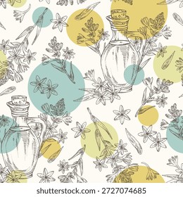 Padrão sem costura com polianthes tuberosa: planta tuberosa, folhas, flores de polianthes tuberosa e garrafa de óleo tuberosa. Ilustração desenhada à mão vetorial