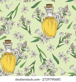 Seamless pattern with polianthes tuberosa: tuberose plant, leaves, polianthes tuberosa flowers and bottle of tuberosa oil. Vector hand drawn illustration