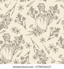Seamless pattern with polianthes tuberosa: tuberose plant, leaves, polianthes tuberosa flowers and bottle of tuberosa oil. Vector hand drawn illustration