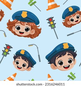 Seamless pattern of Police kid illustration, police girl and boy cartoon vector