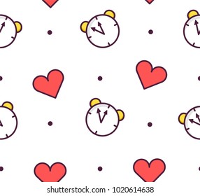 Seamless pattern in polka dot with alarm clock and hearts on white background. Thin line flat design. Vector.