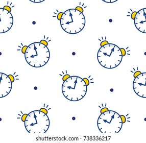 Seamless pattern in polka dot with alarm clock on white background. Thin line flat design. Vector.