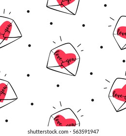 Seamless pattern polka dot with envelopes and hearts. Cover for gift wrapping and textile on Valentine's Day. Vector