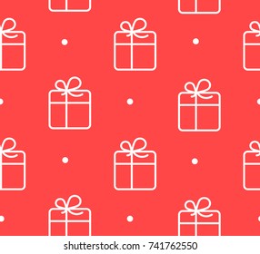 Seamless pattern in polka dot with gift box on red background. Thin line flat design. Vector holiday ornament.
