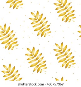 Seamless pattern polka dot with gold autumn leaves. Vector illustration.