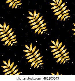 Seamless pattern polka dot with gold autumn leaves. Vector illustration.