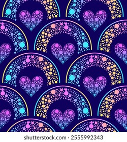 Seamless pattern of polka dot hearts and polka dot rainbows on a dark background.