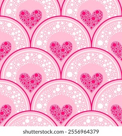 Seamless pattern of polka dot hearts and polka dot rainbows on a dark background.