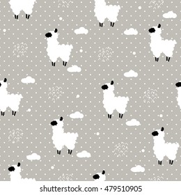 Seamless pattern polka dot with lama and clouds. Vector  background