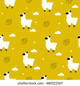 Seamless pattern polka dot with lama and clouds. Vector  background