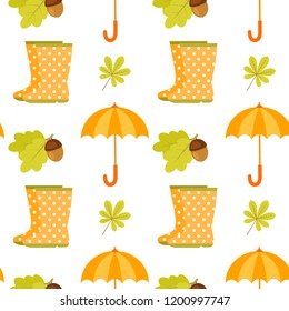 Seamless pattern with polka dot rubber boots, umbrella, oak leaves, acorn. Seamless pattern included in swatch panel.Design for fabric, , prints of baby goods.Vector background.