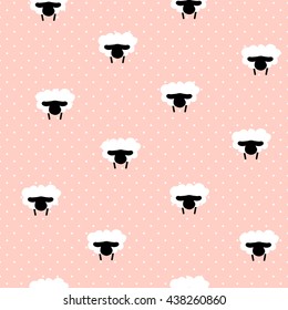 Seamless pattern polka dot with sheep and clouds . Vector  background