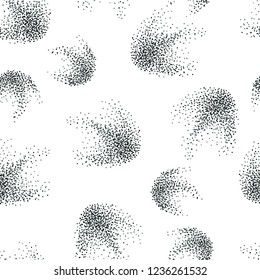 Seamless pattern in polka dot style. Black and different shades of gray dots are connected to abstract shapes. Print for textiles. Vector illustration.