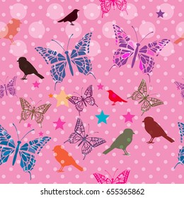 Seamless pattern with  Polka Dots, butterfly and bird
