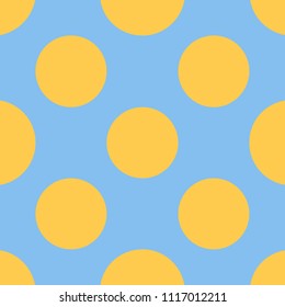 Seamless pattern with polka dots, circles, points. Classic tile ornament. Vector illustration. Design for printing on fabric, textiles, paper, wrapper. Yellow dots on blue background