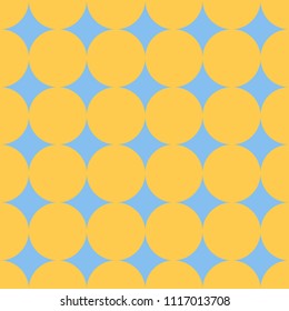 Seamless pattern with polka dots, circles, points. Classic tile ornament. Vector illustration. Design for printing on fabric, textiles, paper, wrapper. Yellow dots on blue background