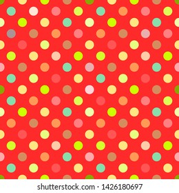 Seamless pattern of polka dots colorful on red background vector