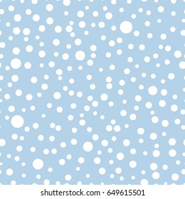 Seamless pattern with polka dots of different sizes. Blue and white color. Simple fashionable background for banners, printing on textile, paper, fabrics. Retro, vintage style 50s, 60s