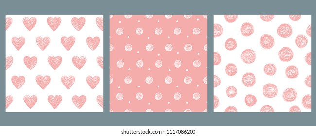 Seamless pattern with polka dots and hearts in pink tones. Set of 3 vector patterns.