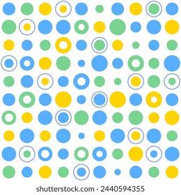 Seamless pattern, polka dots illustration, Brazilian carnival. Confetti and streamer. Party in Brazil, Blue, green, yellow and white, 4 colors. Joyful, fun. Football, samba, June festival.
